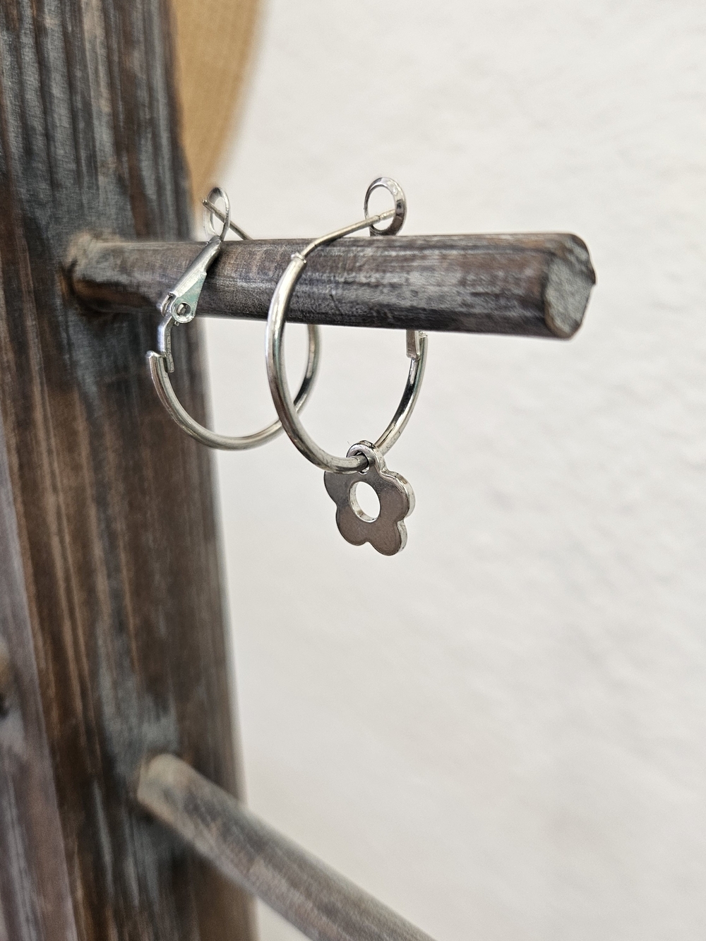Silver Hoop Earrings with Flower Charm